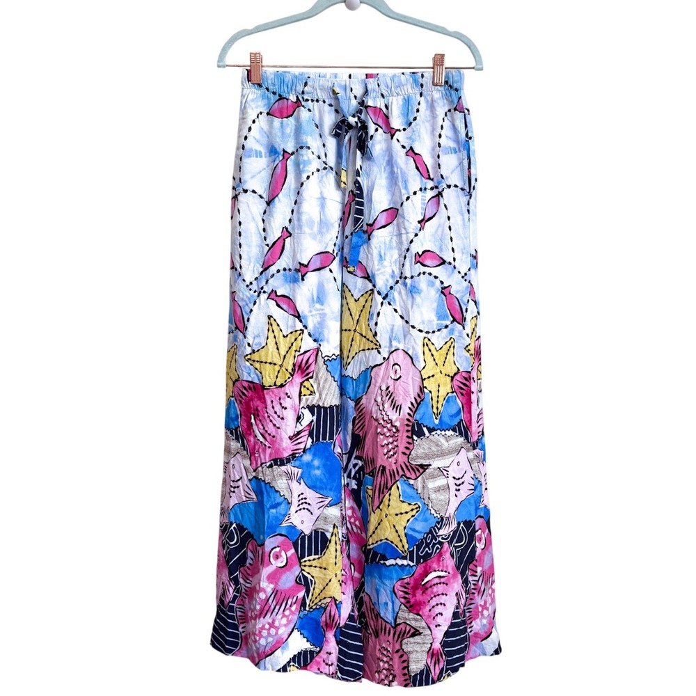 Jams World Womens Fishtastic Wide Leg Pants Medium Blue Tropical Hawaiian Resort